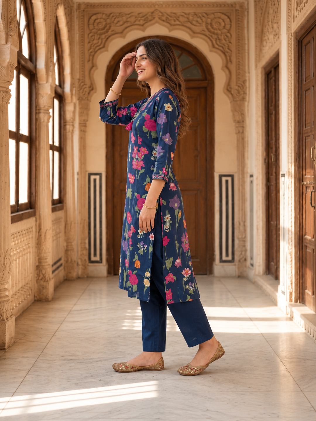 Navy Blue Floral Cotton Kurta Set with Embroidery, Pant & Printed Dupatta