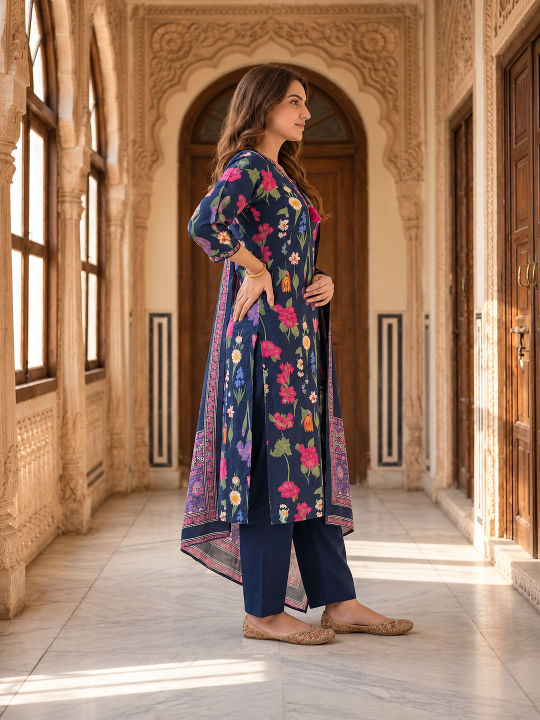 Navy Blue Floral Cotton Kurta Set with Embroidery, Pant & Printed Dupatta