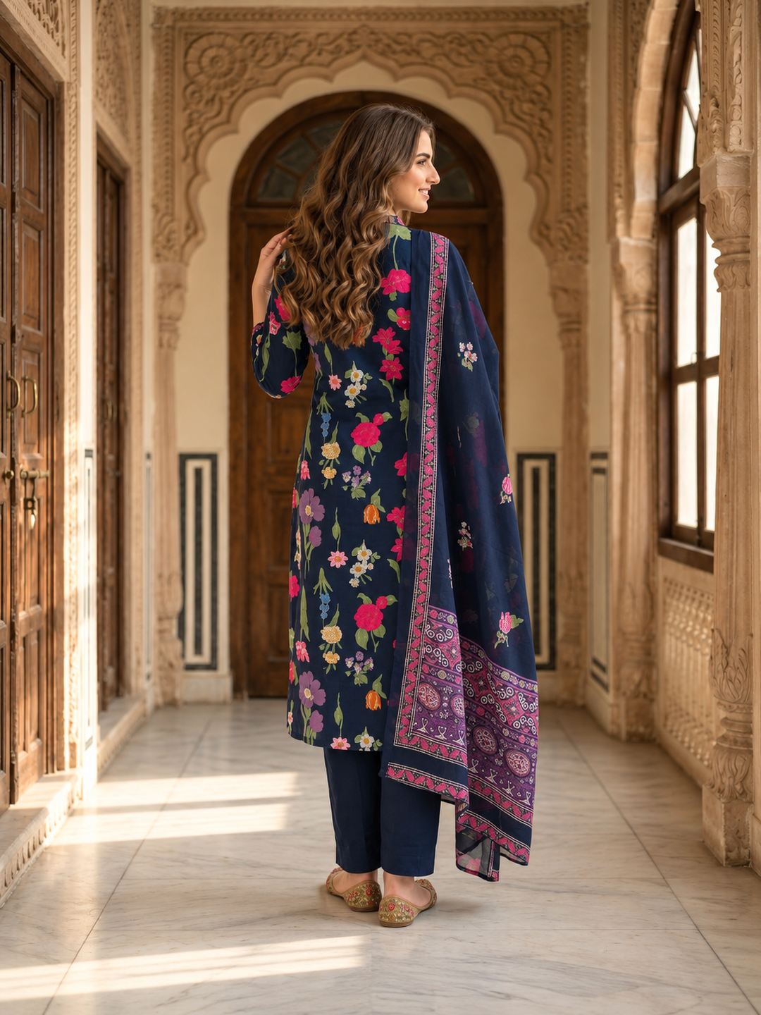 Navy Blue Floral Cotton Kurta Set with Embroidery, Pant & Printed Dupatta