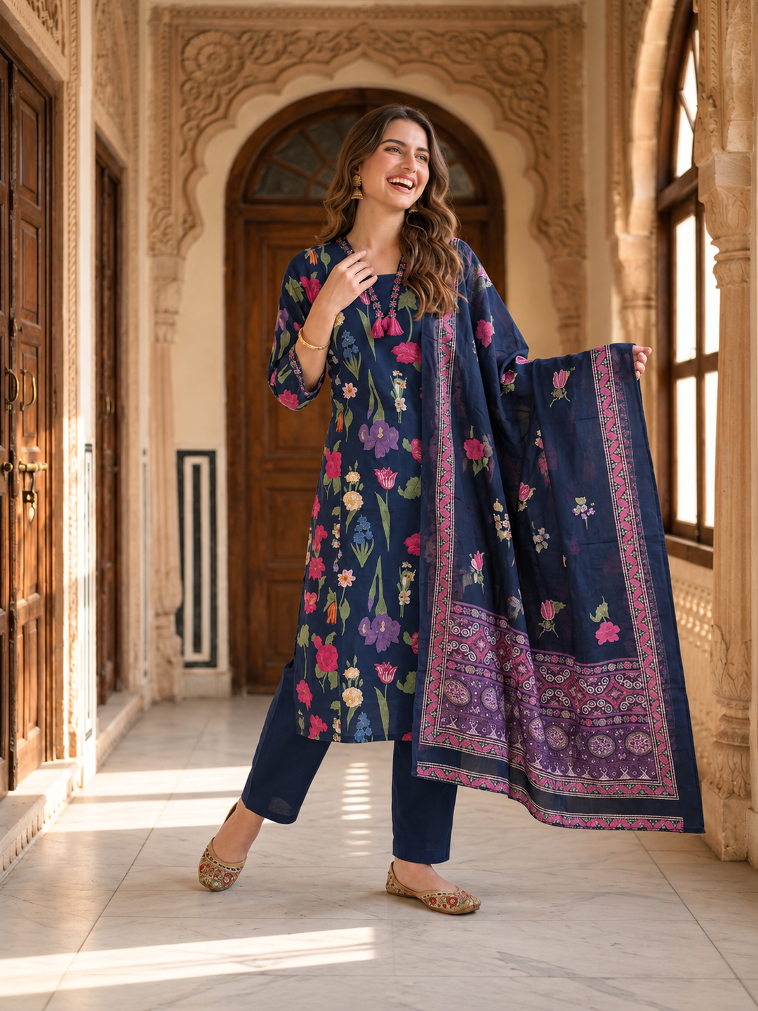 Navy Blue Floral Cotton Kurta Set with Embroidery, Pant & Printed Dupatta