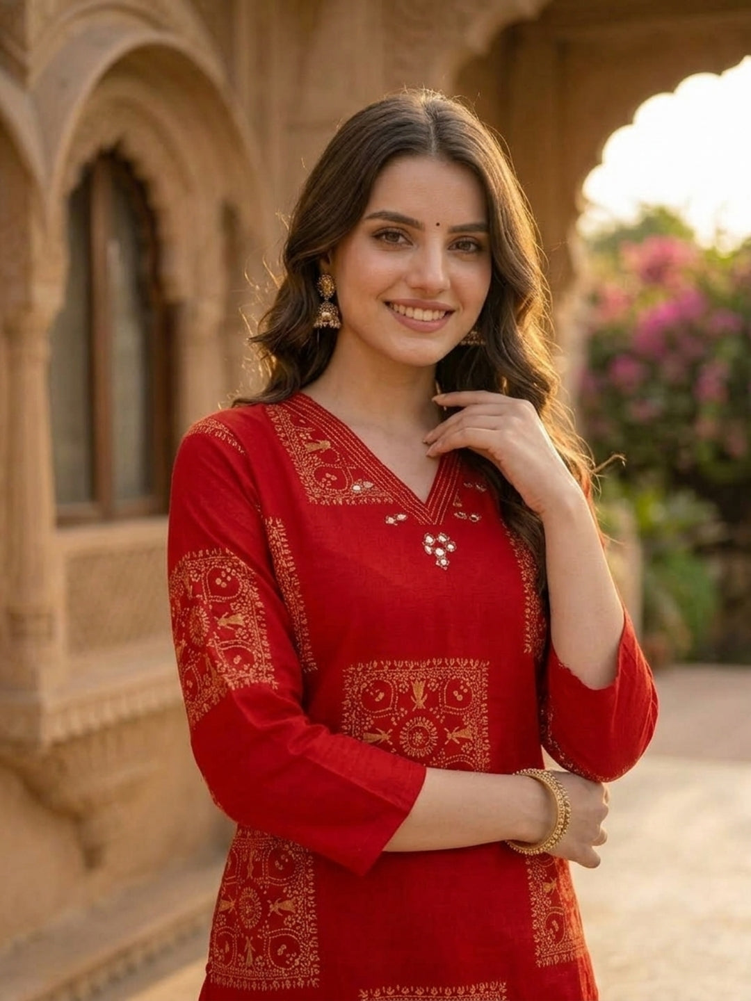Red Printed Cotton Kurta Set with Mirror Work, Pant & Dupatta