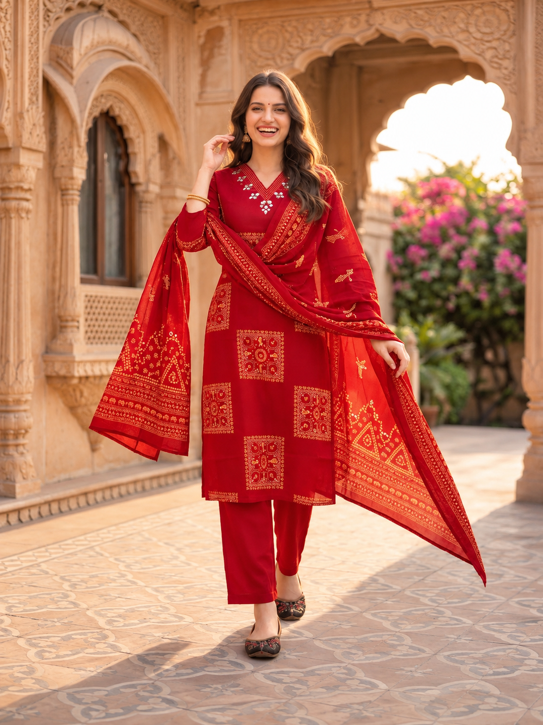 Red Printed Cotton Kurta Set with Mirror Work, Pant & Dupatta