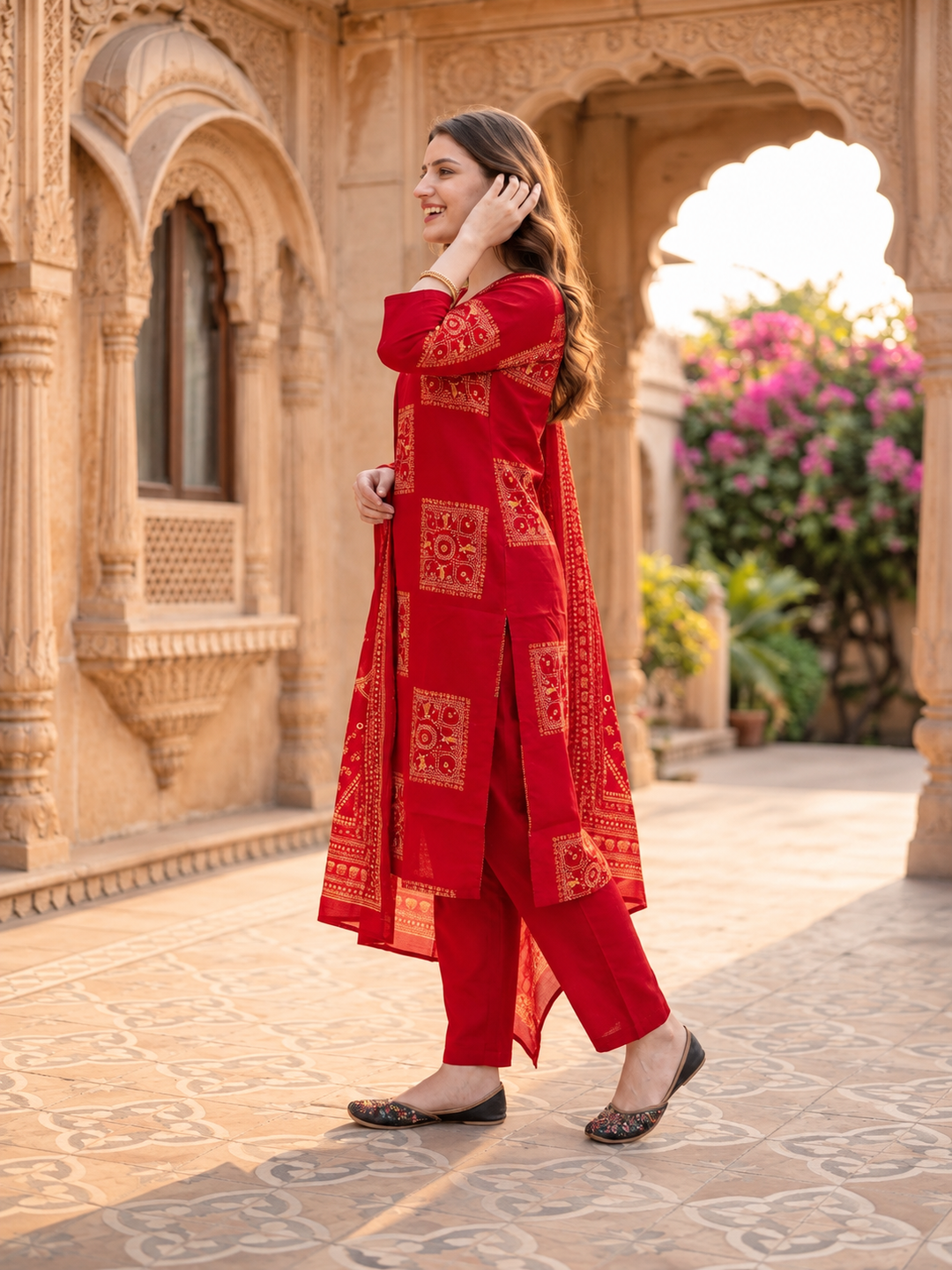 Red Printed Cotton Kurta Set with Mirror Work, Pant & Dupatta
