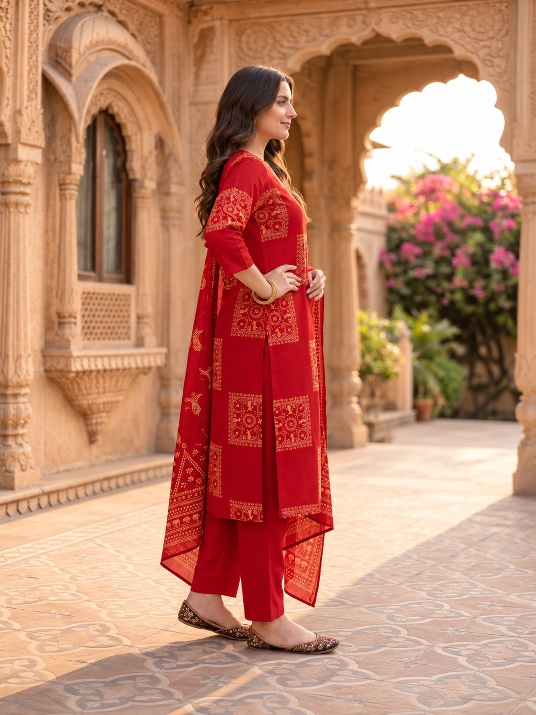 Red Printed Cotton Kurta Set with Mirror Work, Pant & Dupatta