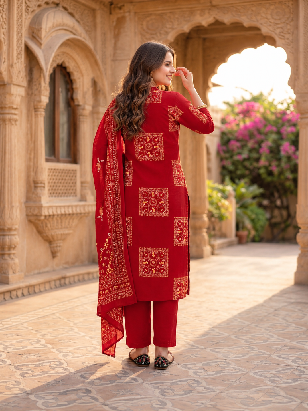 Red Printed Cotton Kurta Set with Mirror Work, Pant & Dupatta