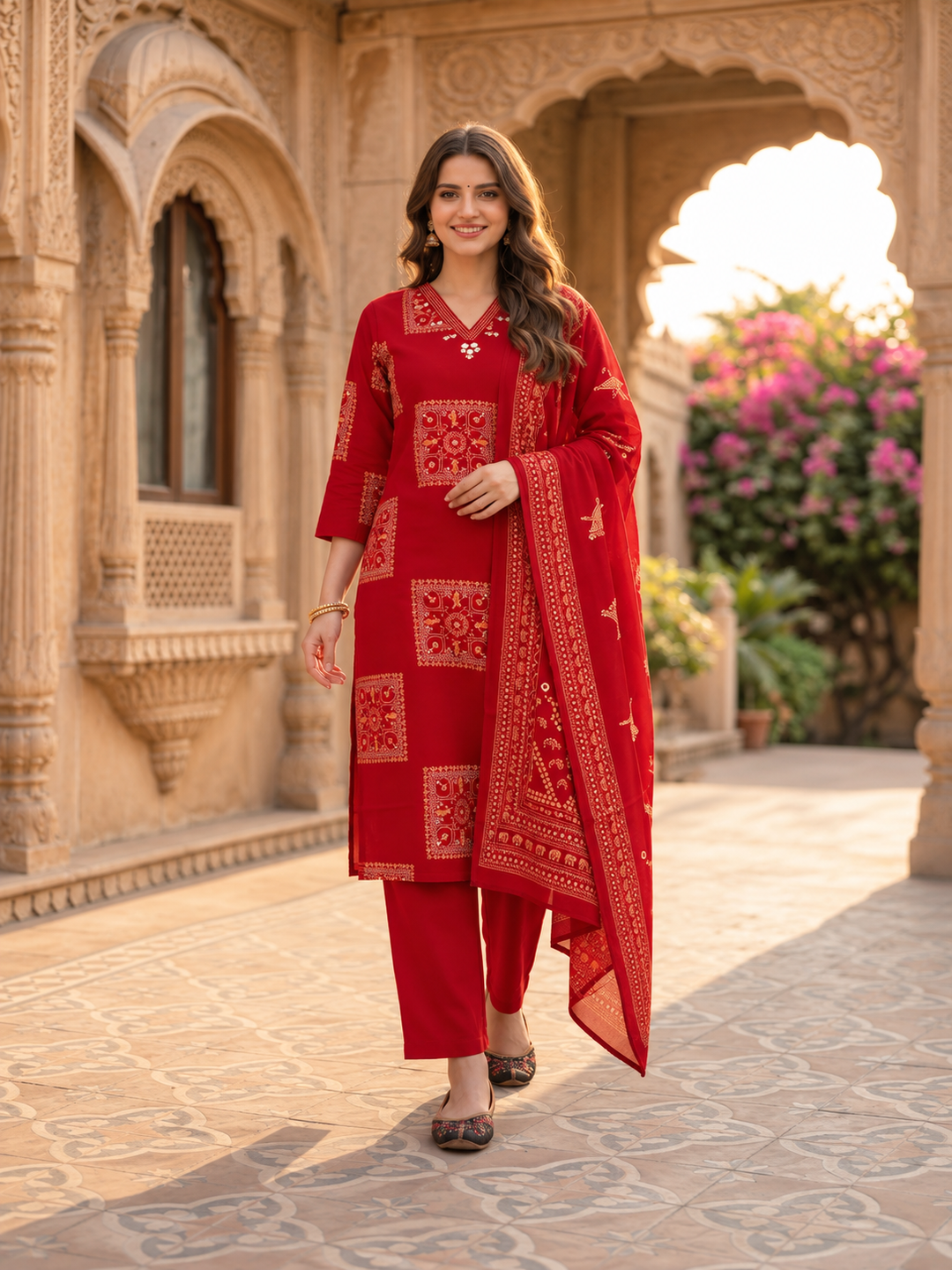 Red Printed Cotton Kurta Set with Mirror Work, Pant & Dupatta