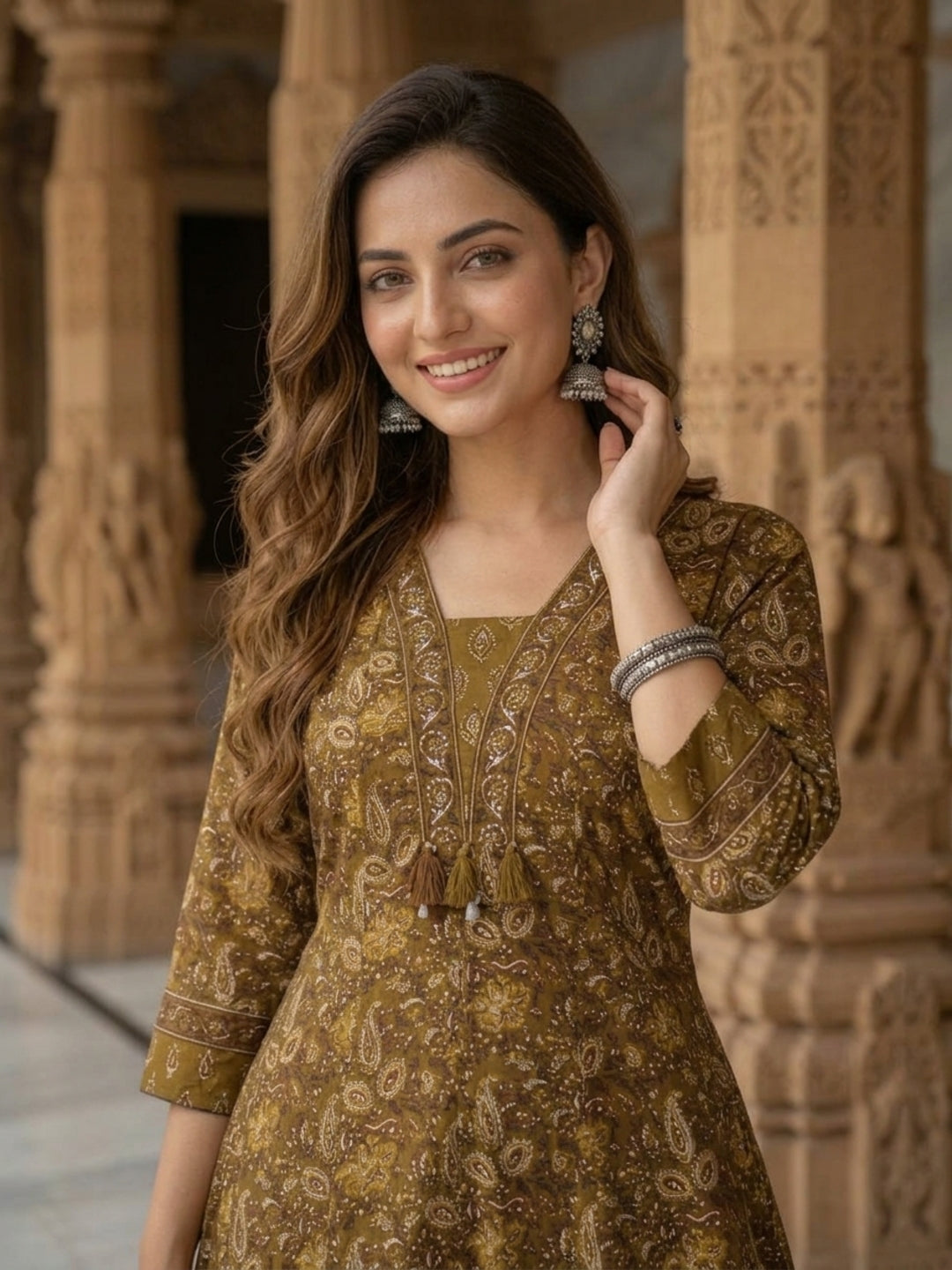 Mehendi Green Floral Cotton Anarkali Set with Mirror, Thread & Zari Embroidery, Pant & Dupatta