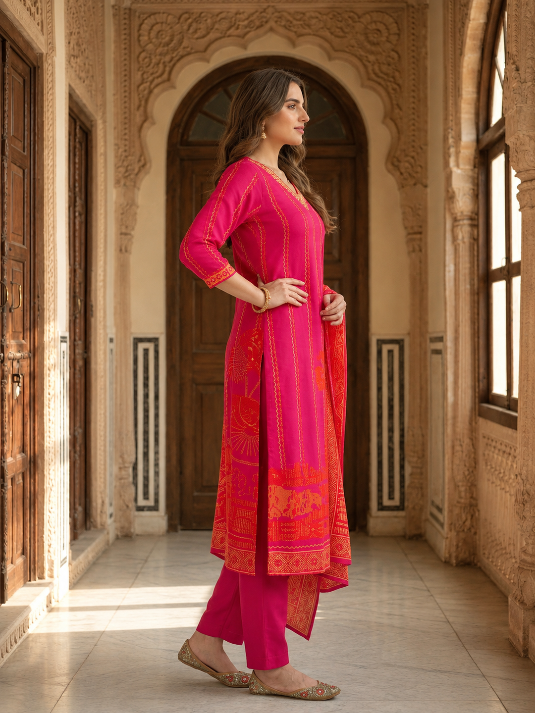 Fuchsia Floral Printed Kurta Set with Shantoon Pant & Printed Dupatta