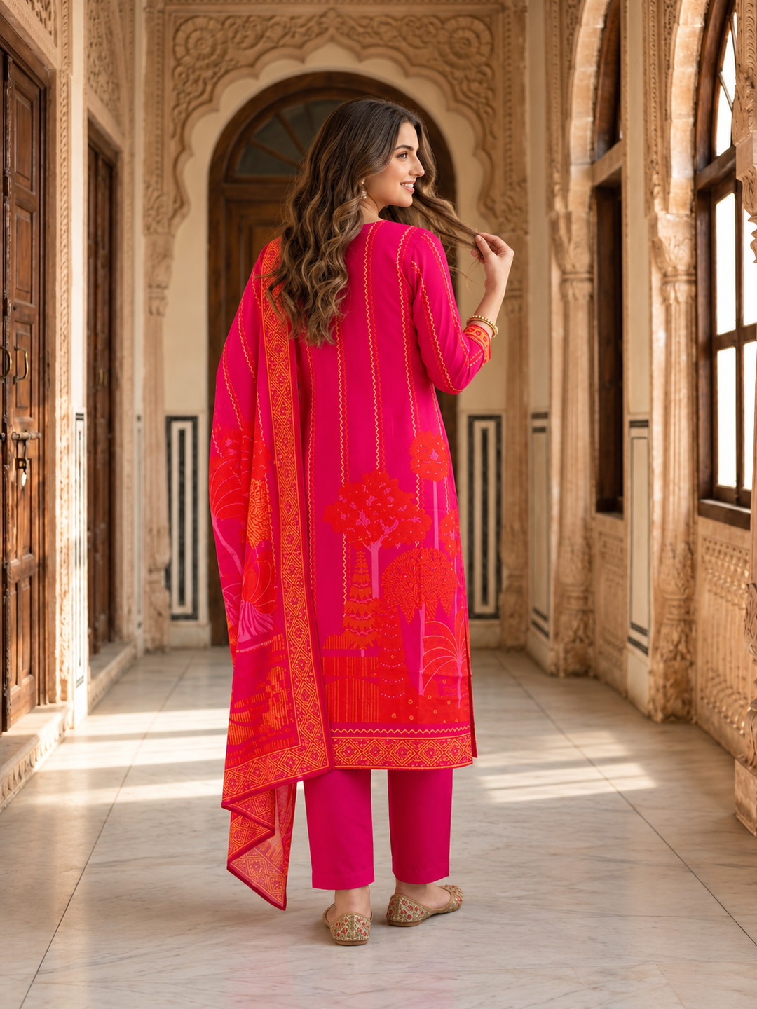 Fuchsia Floral Printed Kurta Set with Shantoon Pant & Printed Dupatta