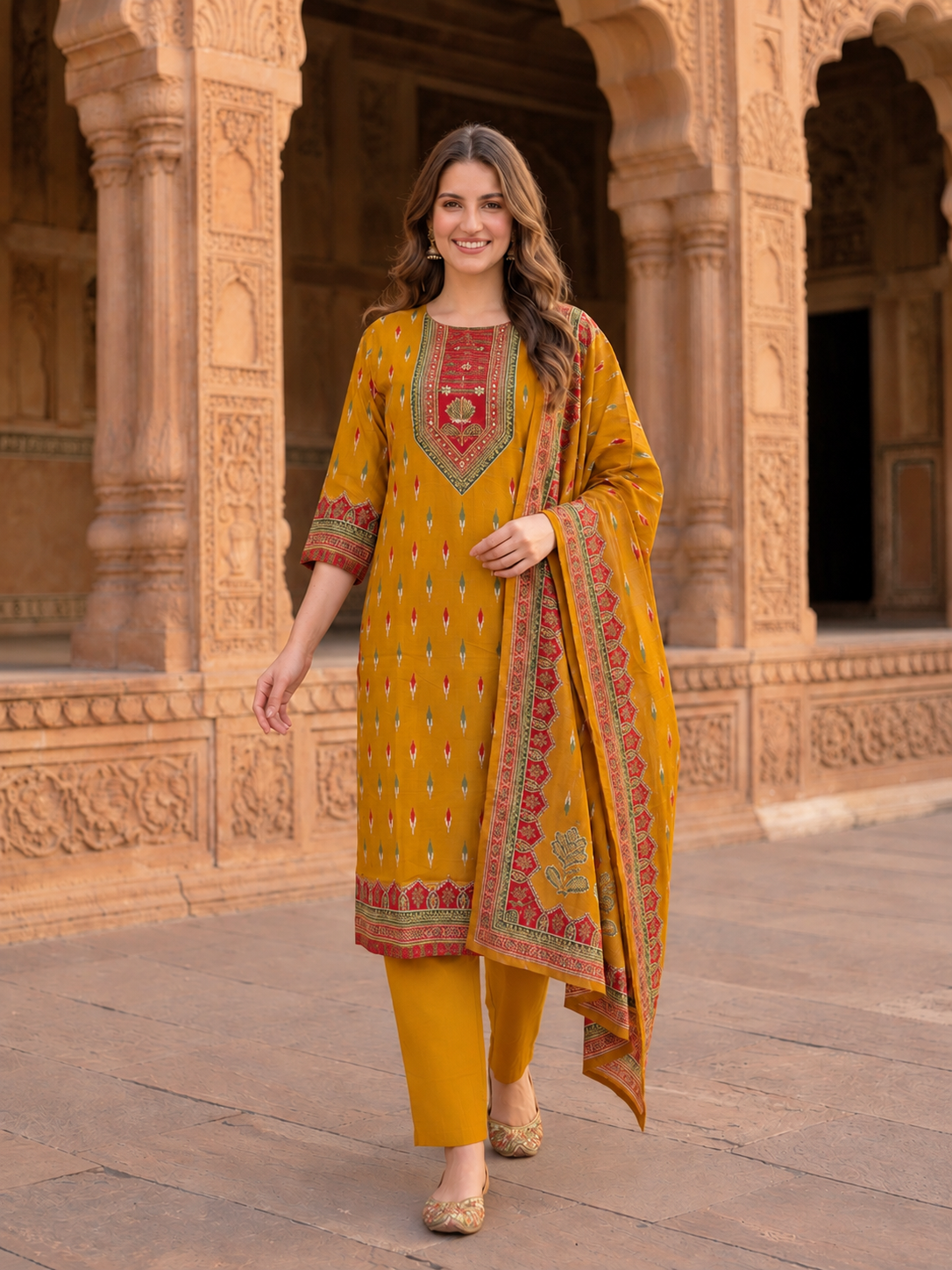 Front view of the mustard yellow printed kurta set with shantoon trousers and printed dupatta