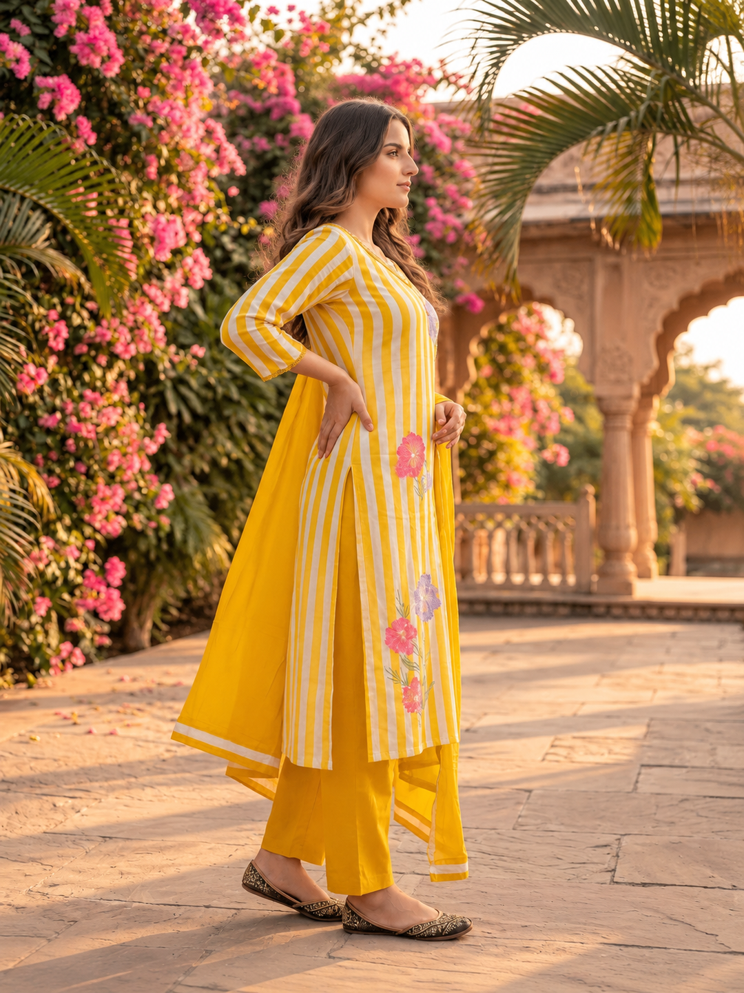 Yellow Striped Cotton Kurta Set with Floral Embroidery & Lace, Palazzo & Dupatta