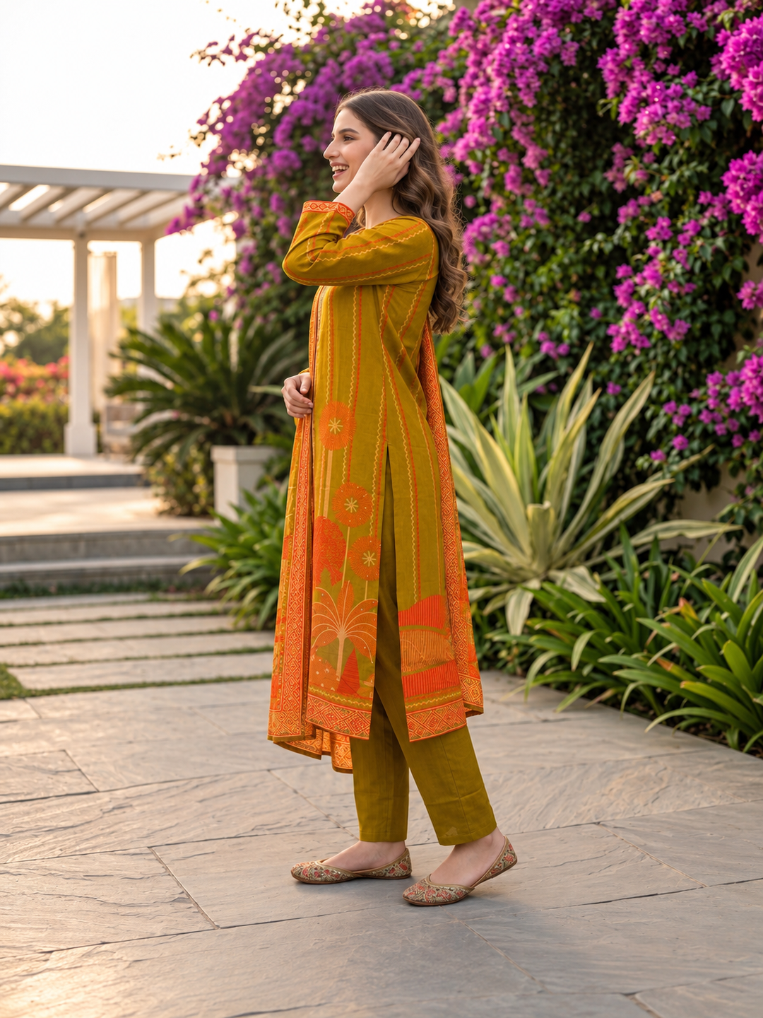 Olive Green Floral Printed Kurta Set with Shantoon Pant & Printed Dupatta