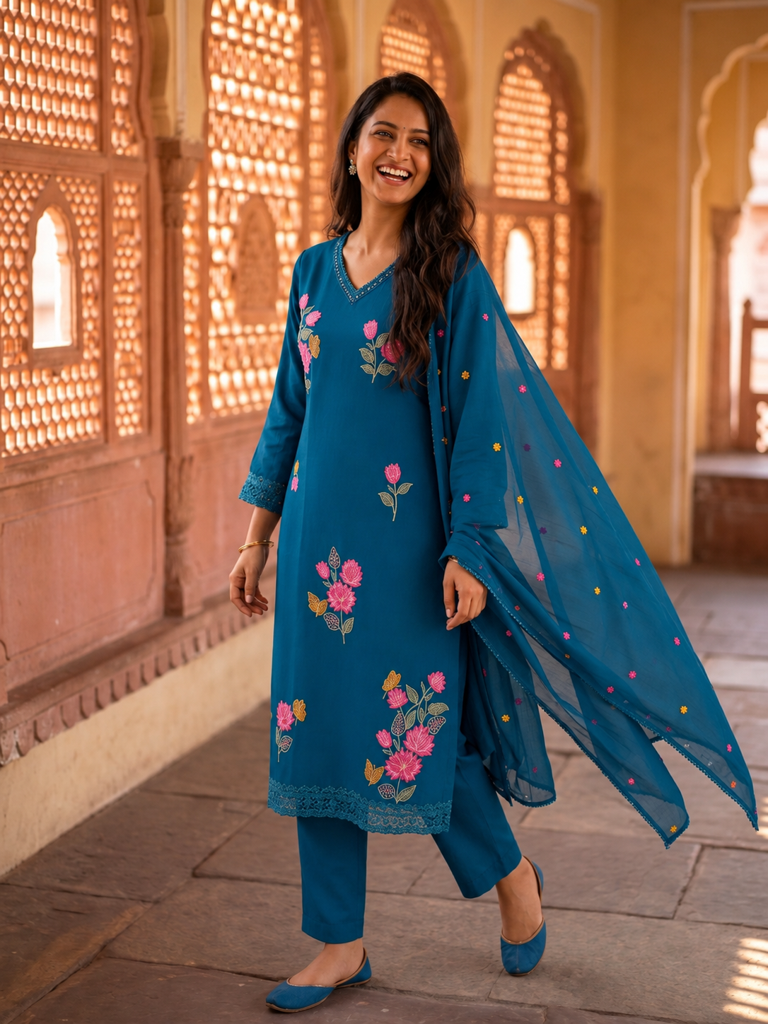 Teal Blue Muslin Silk Kurta Set with Floral Embroidery, Palazzo & Dupatta
