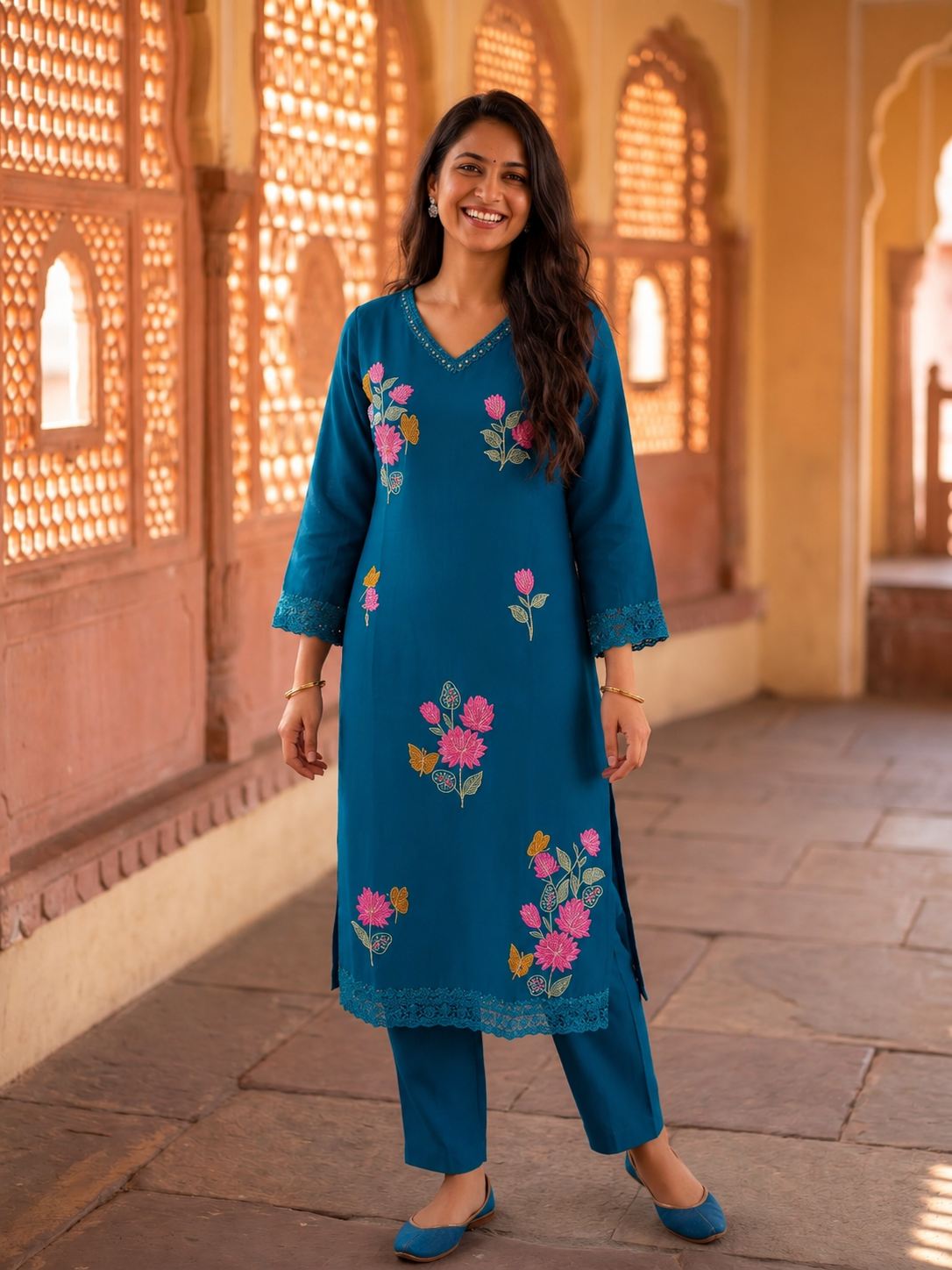 Teal Blue Muslin Silk Kurta Set with Floral Embroidery, Palazzo & Dupatta