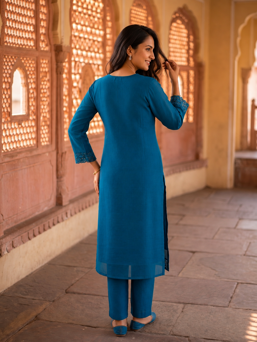 Teal Blue Muslin Silk Kurta Set with Floral Embroidery, Palazzo & Dupatta