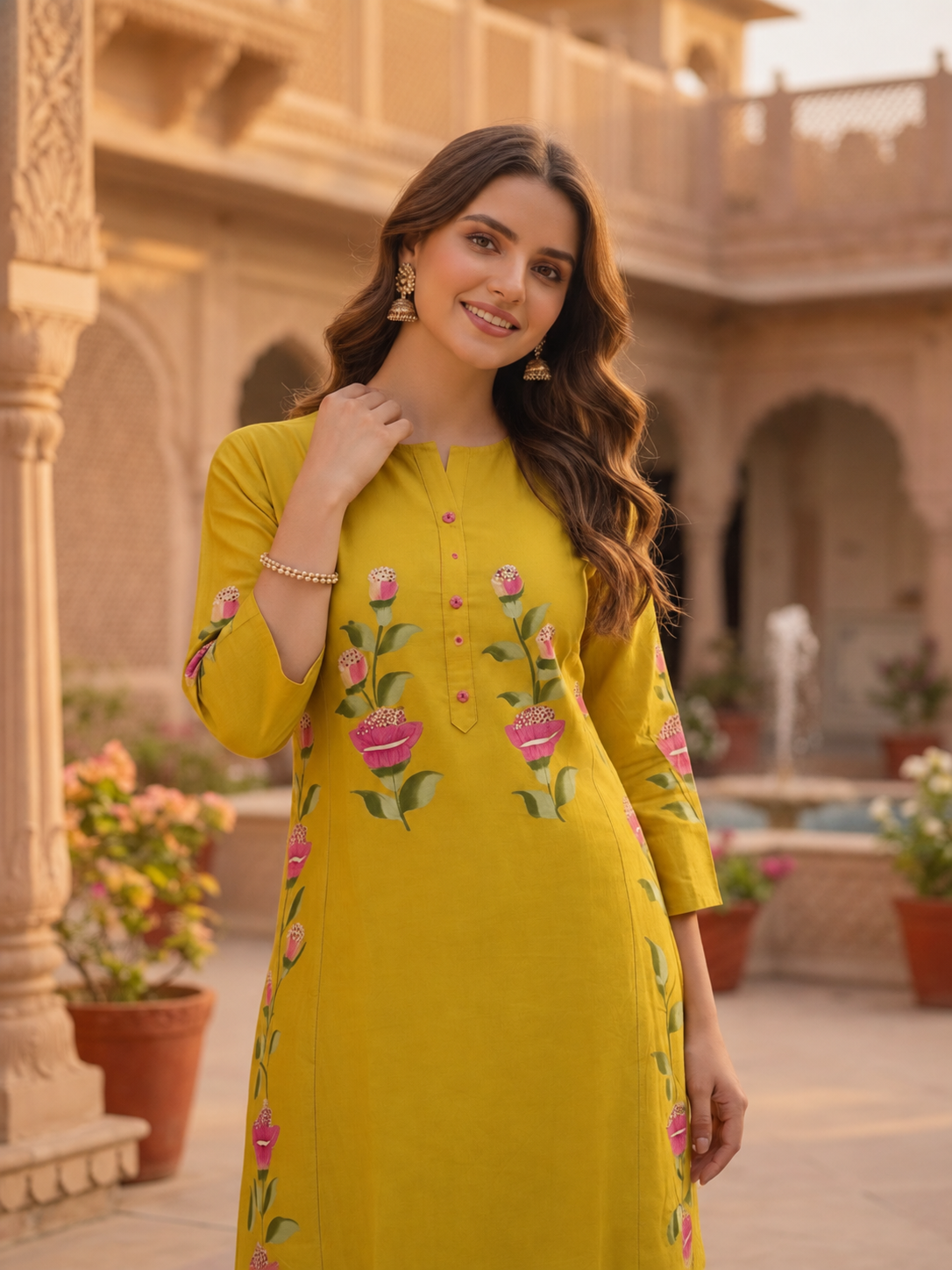 Lemon Yellow Hand-Painted Floral Muslin Silk Kurta & Palazzo Set