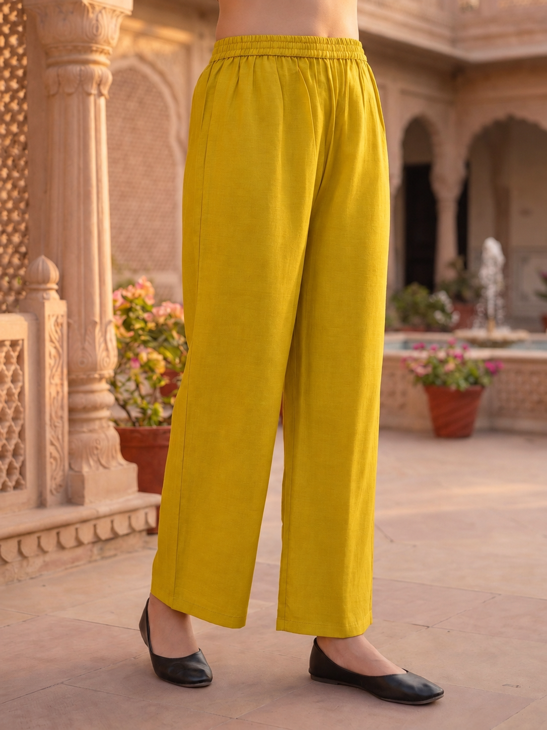 Lemon Yellow Hand-Painted Floral Muslin Silk Kurta & Palazzo Set
