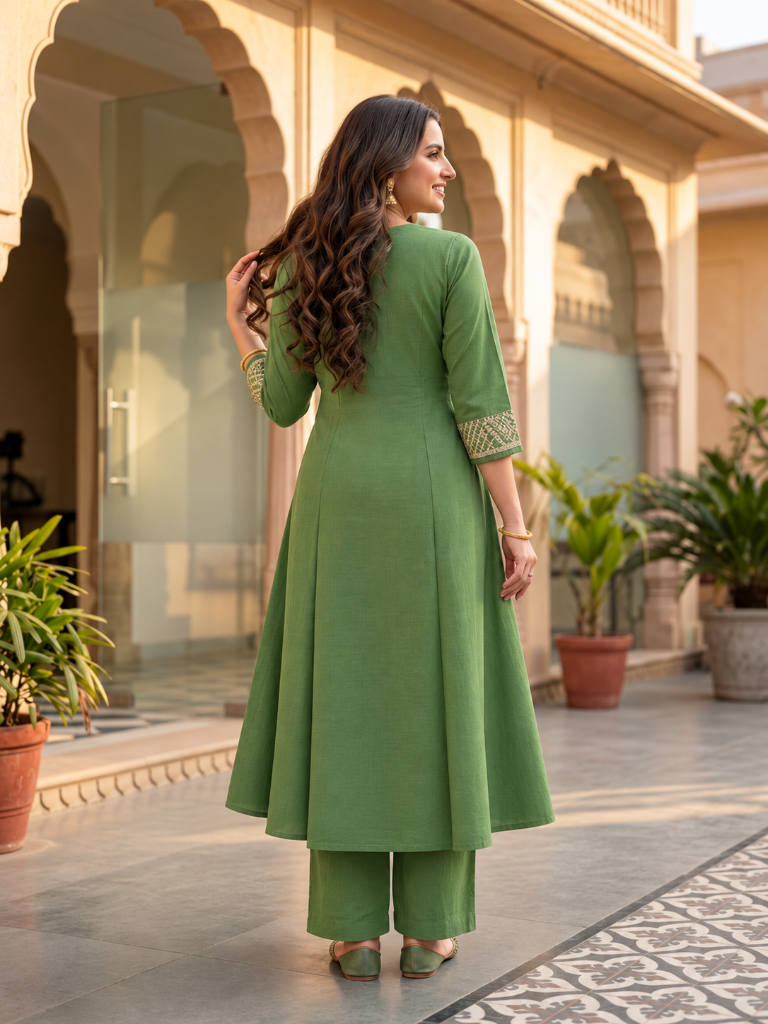 Sage Green Muslin Silk Pleated Kurta Set with Zari Embroidery, Palazzo & Dupatta