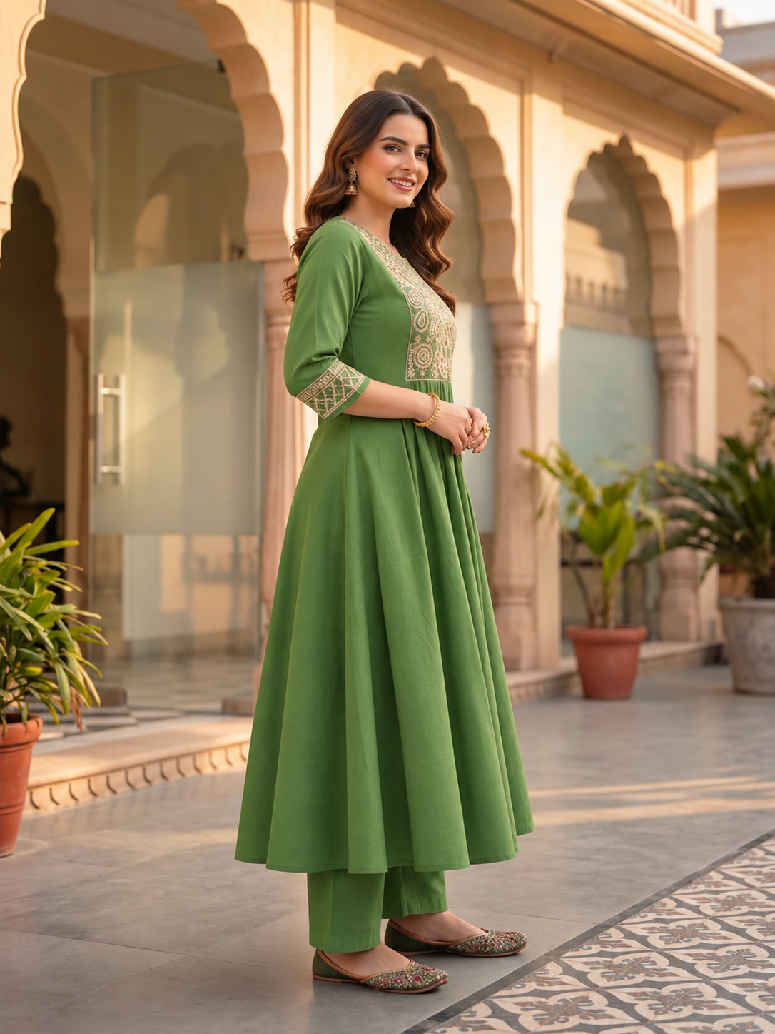 Sage Green Muslin Silk Pleated Kurta Set with Zari Embroidery, Palazzo & Dupatta
