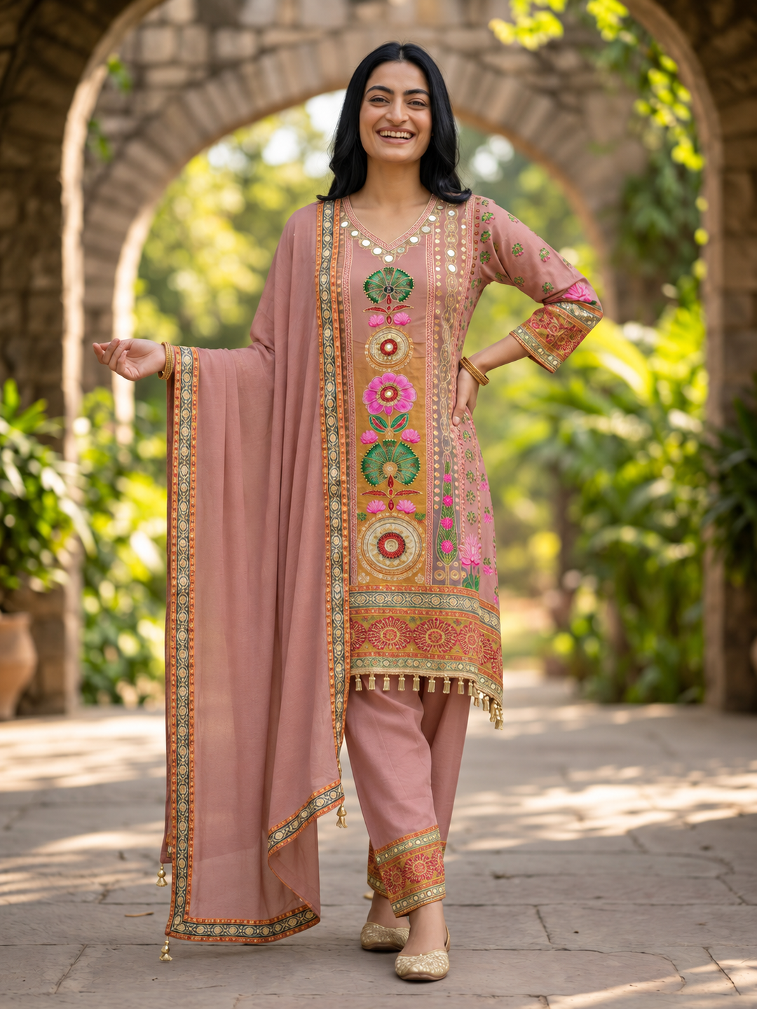 Mauve Floral Crepe A-Line Kurta Set with Shantoon Palazzo & Dupatta