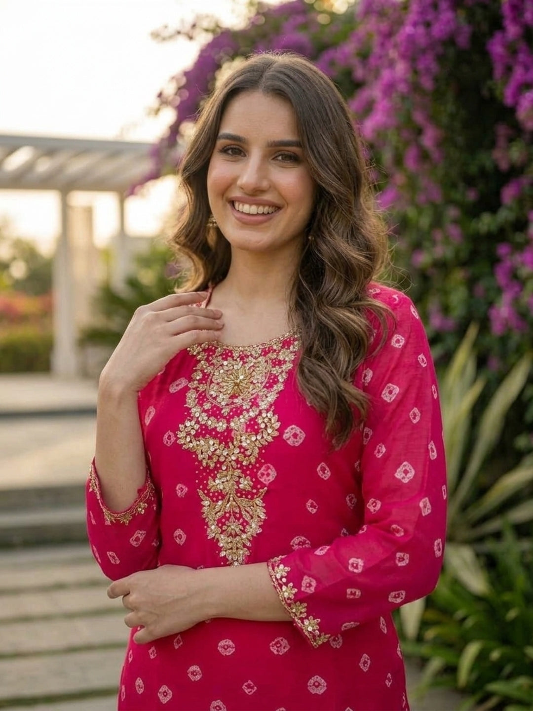 Rani Pink Bandhani Printed Straight Kurta Set with Georgette Palazzo & Dupatta