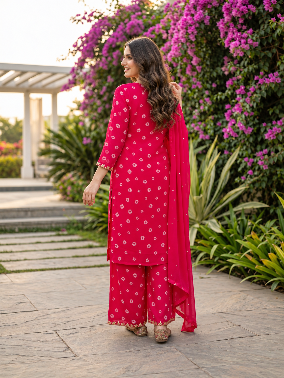 Rani Pink Bandhani Printed Straight Kurta Set with Georgette Palazzo & Dupatta