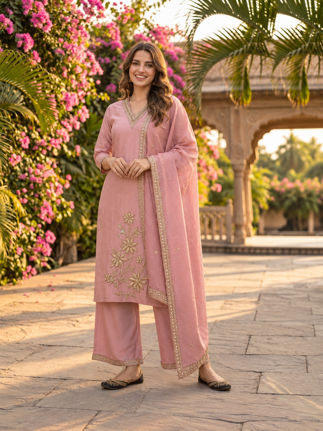Dusty Rose Floral Ethnic Printed Tissue Straight Kurta Set with Hand Embroidery, V-Neck, Shantoon Palazzo & Embroidered Solid Tissue Dupatta