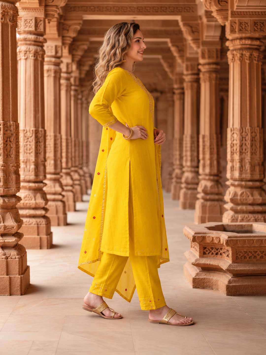 Close-up of the embroidered neckline on the mustard yellow kurta