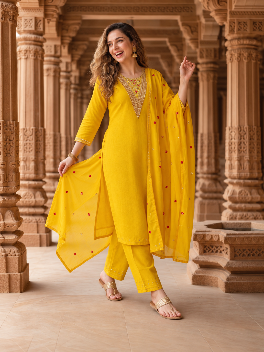 Side view of the mustard yellow kurta, palazzos, and embroidered organza dupatta