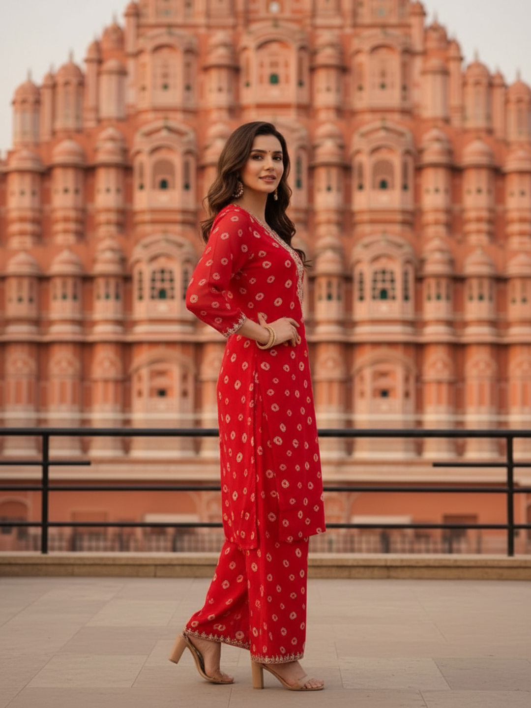 Deep Red Bandhani Georgette Kurta Set with Embroidery, Palazzo & Dupatta