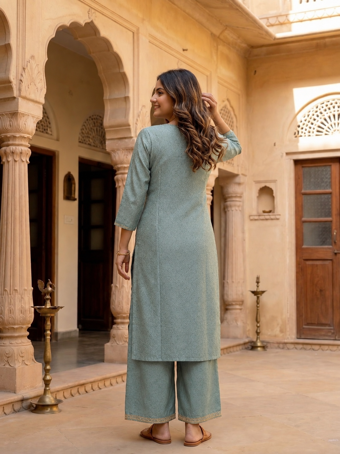 Sage Blue Tissue Kurta Set with Hand Embroidery, Palazzo & Dupatta