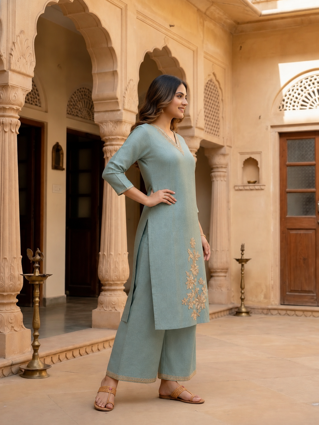 Sage Blue Tissue Kurta Set with Hand Embroidery, Palazzo & Dupatta