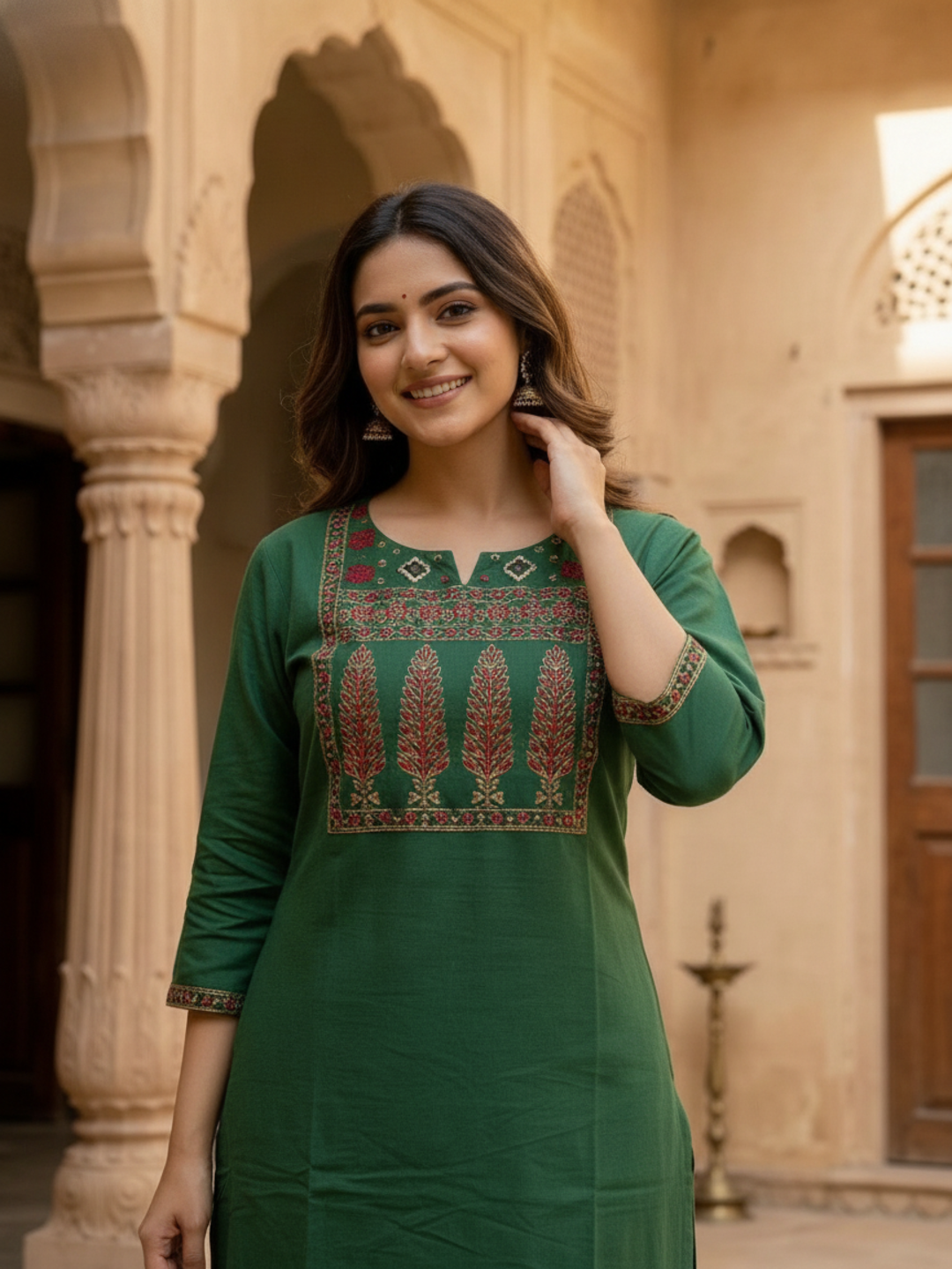 Emerald Green Floral Cotton Kurta Set with Bead Work, Pant & Dupatta