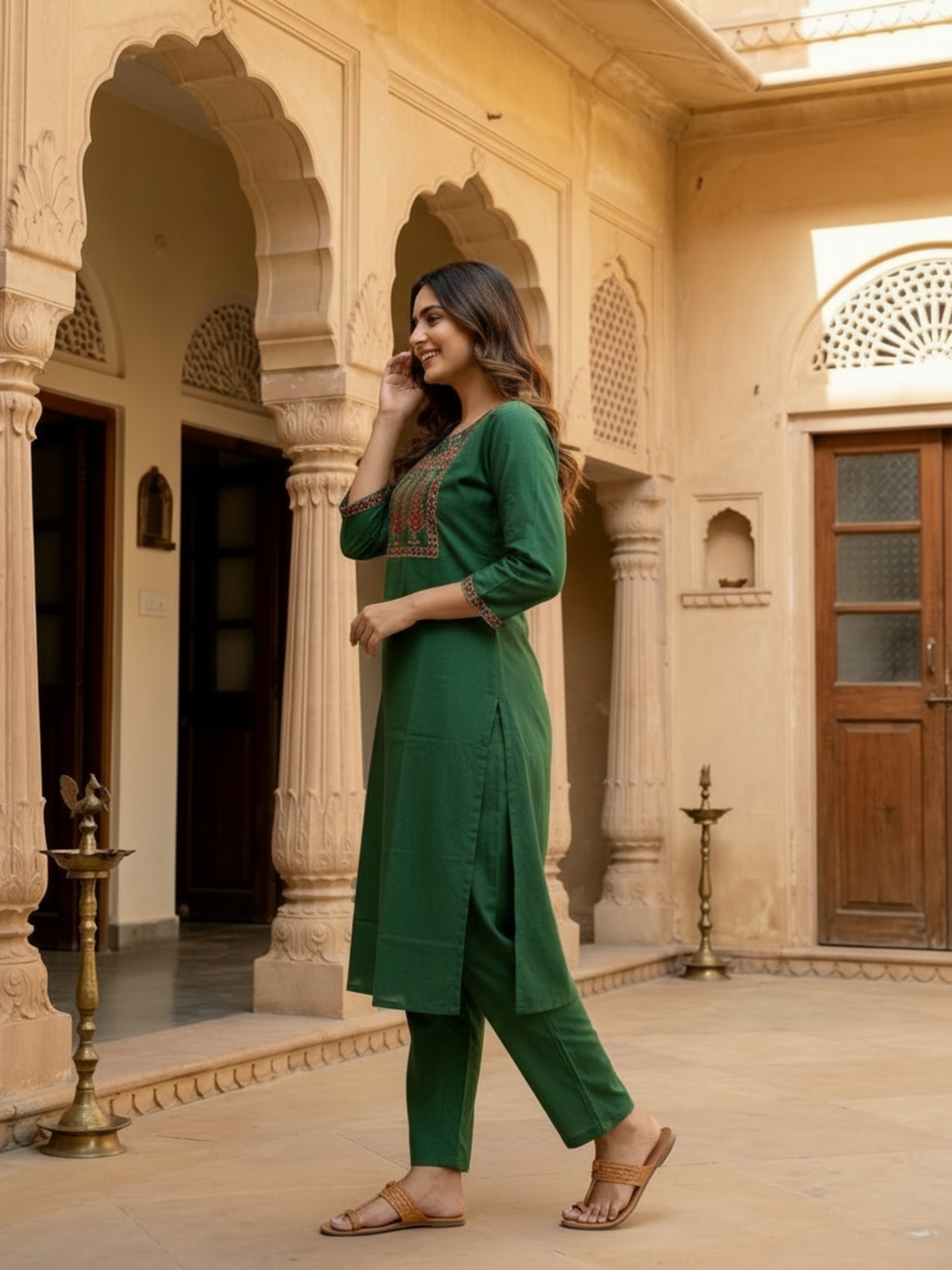 Emerald Green Floral Cotton Kurta Set with Bead Work, Pant & Dupatta