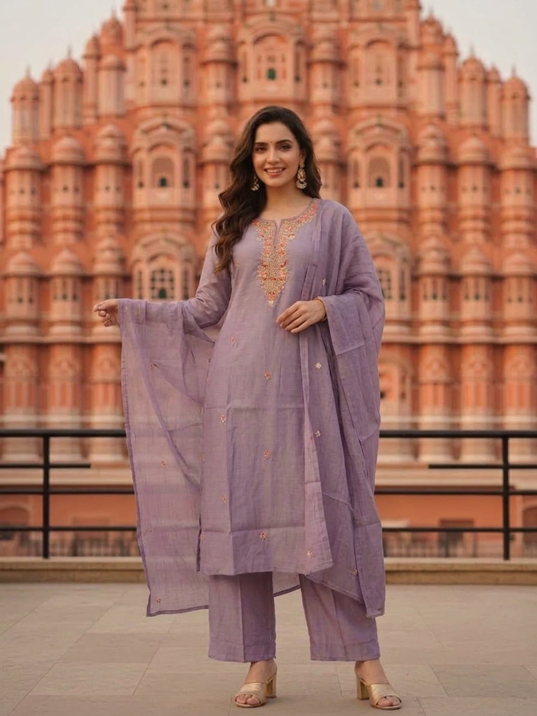 Lavender Silk Blend Kurta Set with Hand-Embroidered Yoke, Palazzo & Dupatta