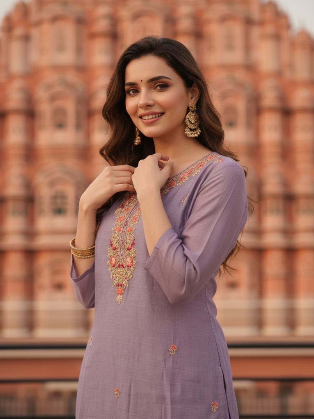 Lavender Silk Blend Kurta Set with Hand-Embroidered Yoke, Palazzo & Dupatta