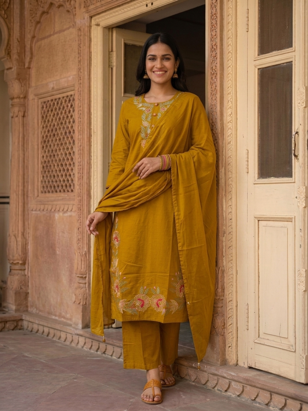 Mustard Yellow Cotton Kurta Set with Floral Embroidery, Palazzo & Tassel Dupatta