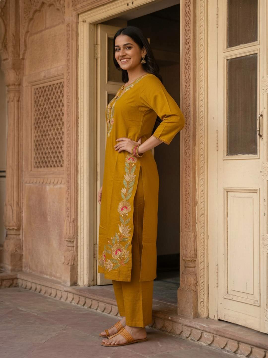 Mustard Yellow Cotton Kurta Set with Floral Embroidery, Palazzo & Tassel Dupatta