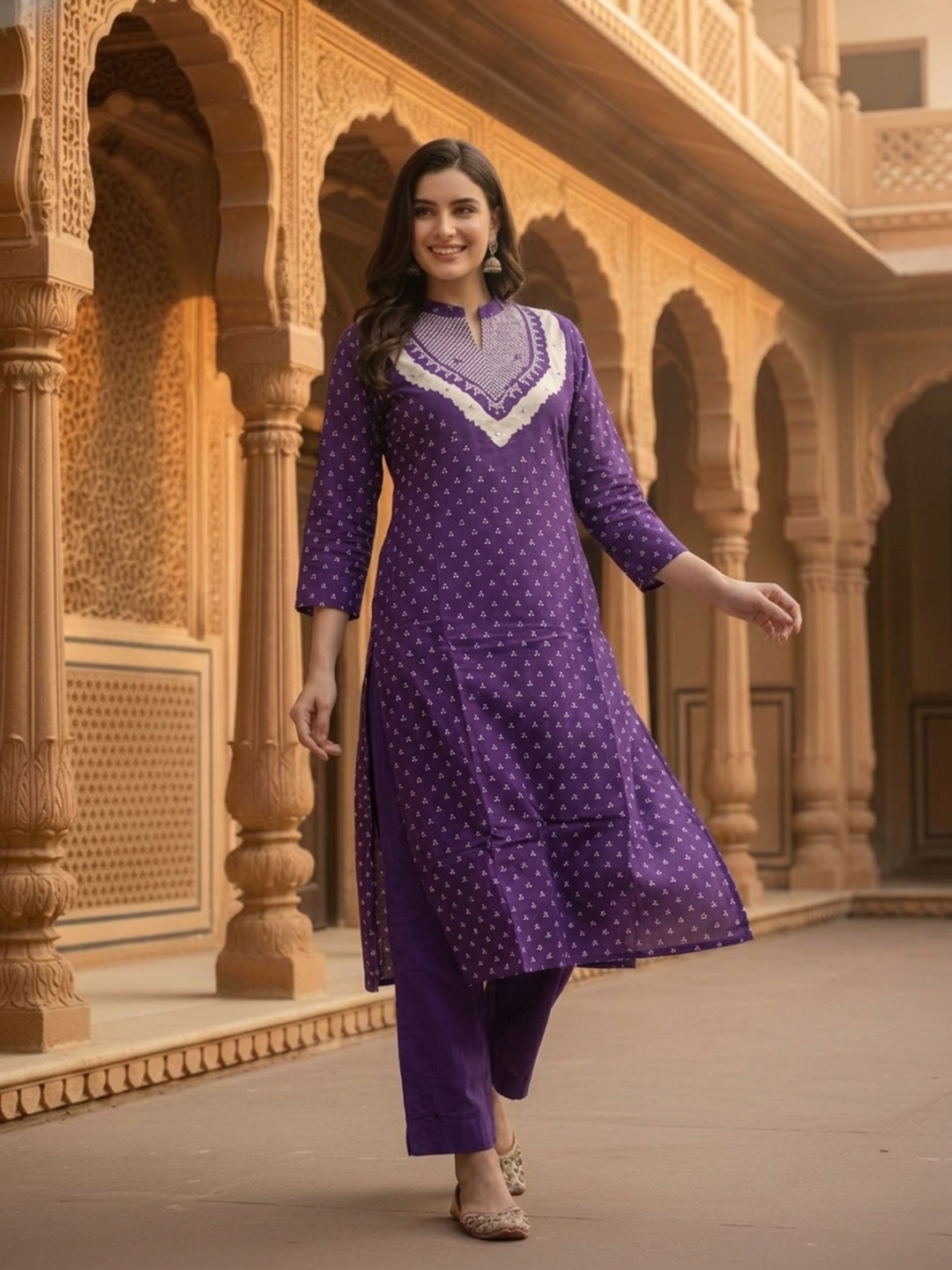 Purple Bandhani Cotton Kurta Set with Mirror Work, Pant & Dupatta
