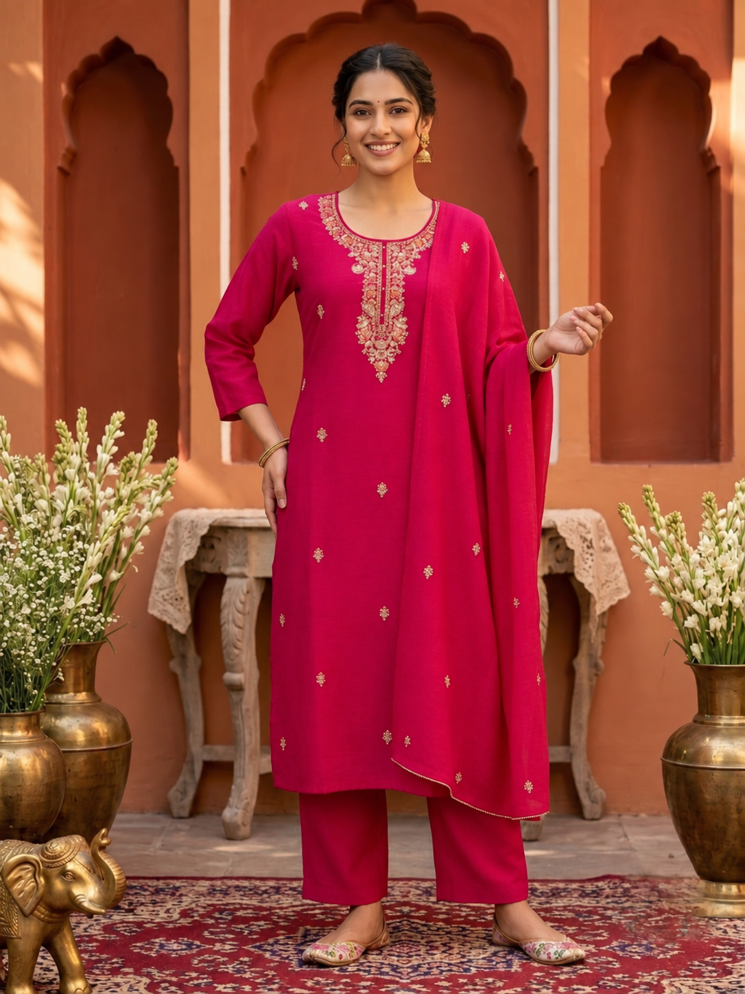 Rani Pink Silk Blend Kurta Set with Hand-Embroidered Yoke, Pant & Dupatta