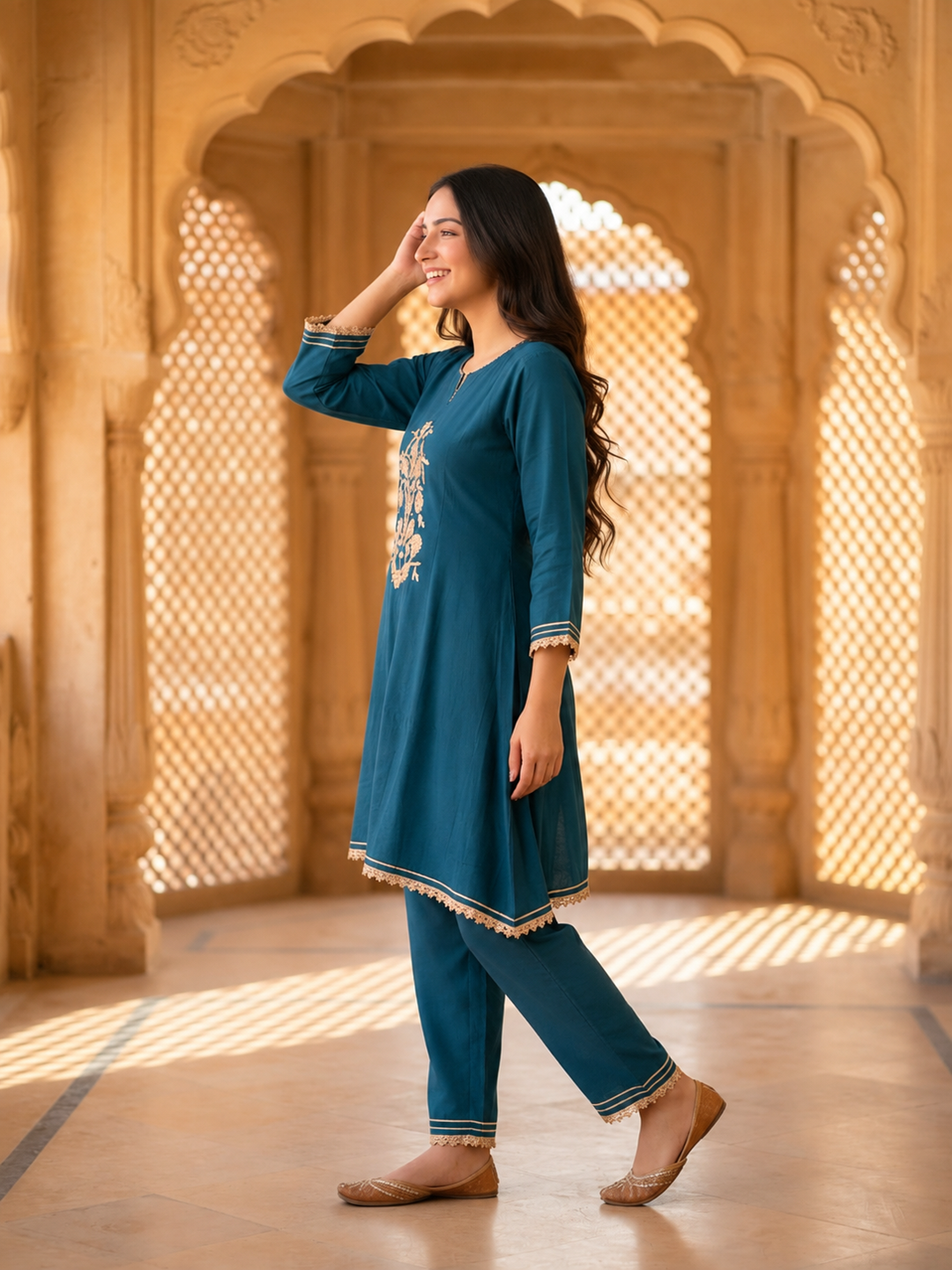 Close-up of floral embroidery on teal blue kurta
