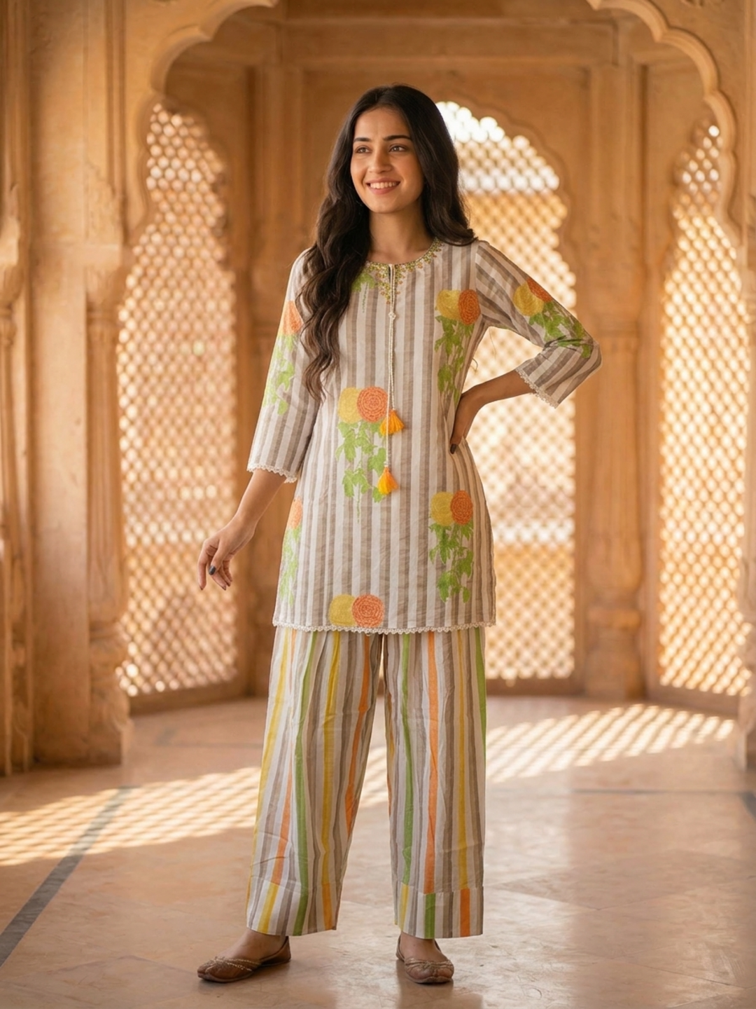 Multicolor Stripes and Floral Printed Embroidered Cotton Straight Kurta Set with Salwar and Dupatta