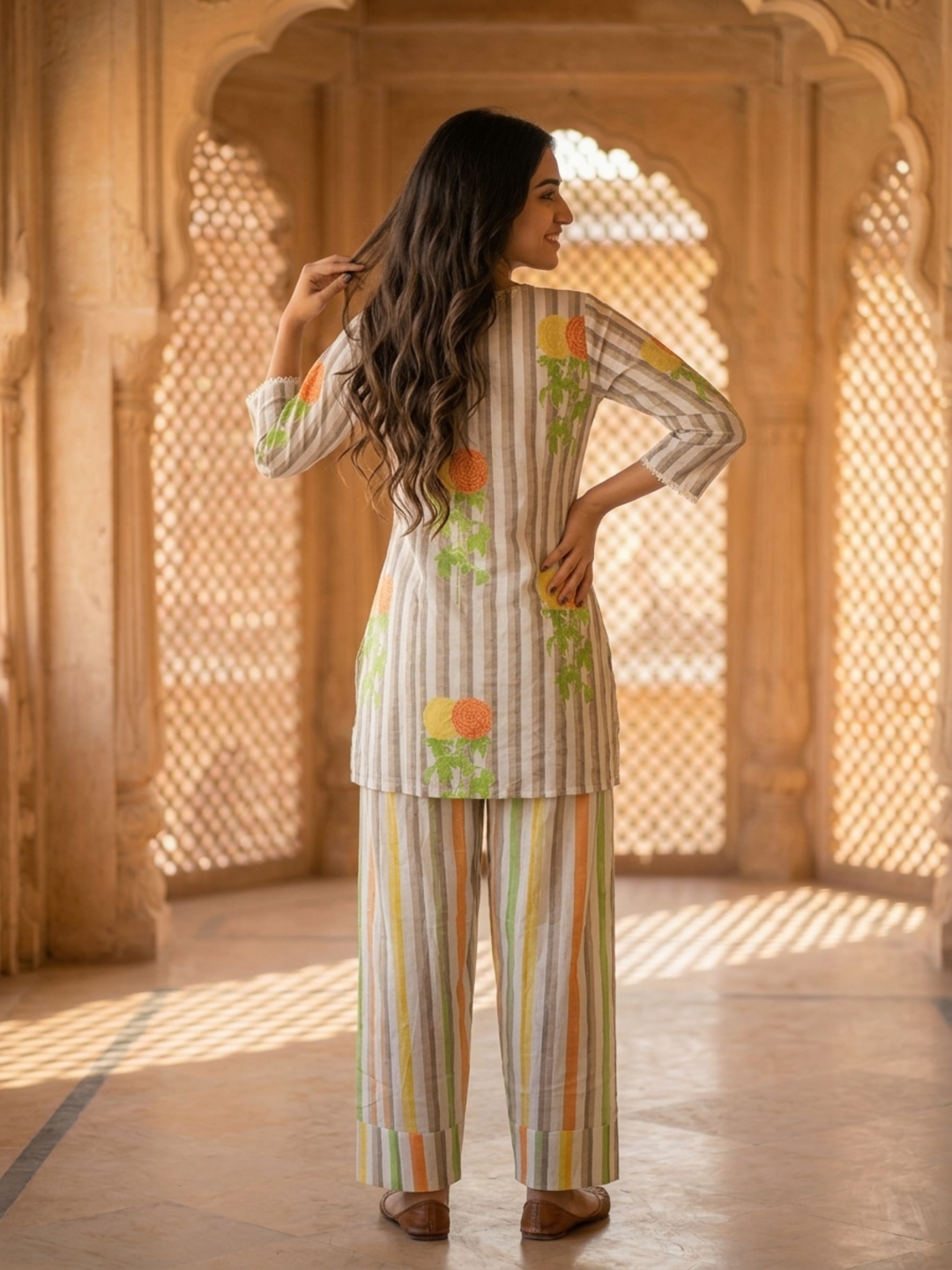 Multicolor Stripes and Floral Printed Embroidered Cotton Straight Kurta Set with Salwar and Dupatta