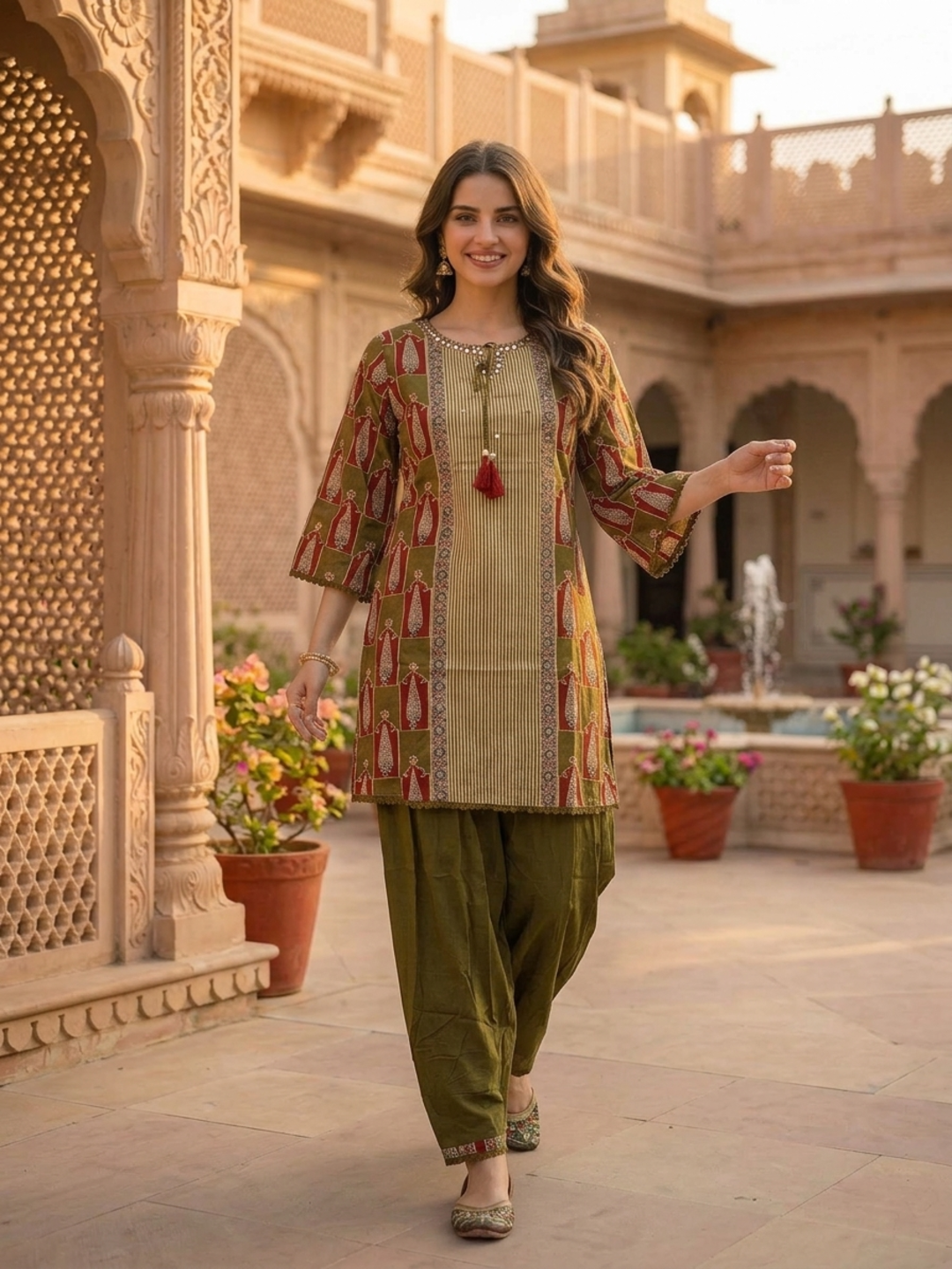 Moss Green Floral Ethnic Printed Embroidered Cotton Straight Kurta Set with Salwar and Dupatta