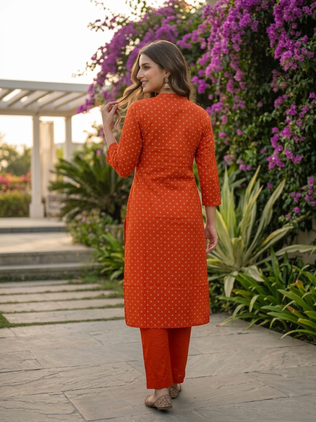 Rust orange cotton blend trousers with partially elasticated waistband