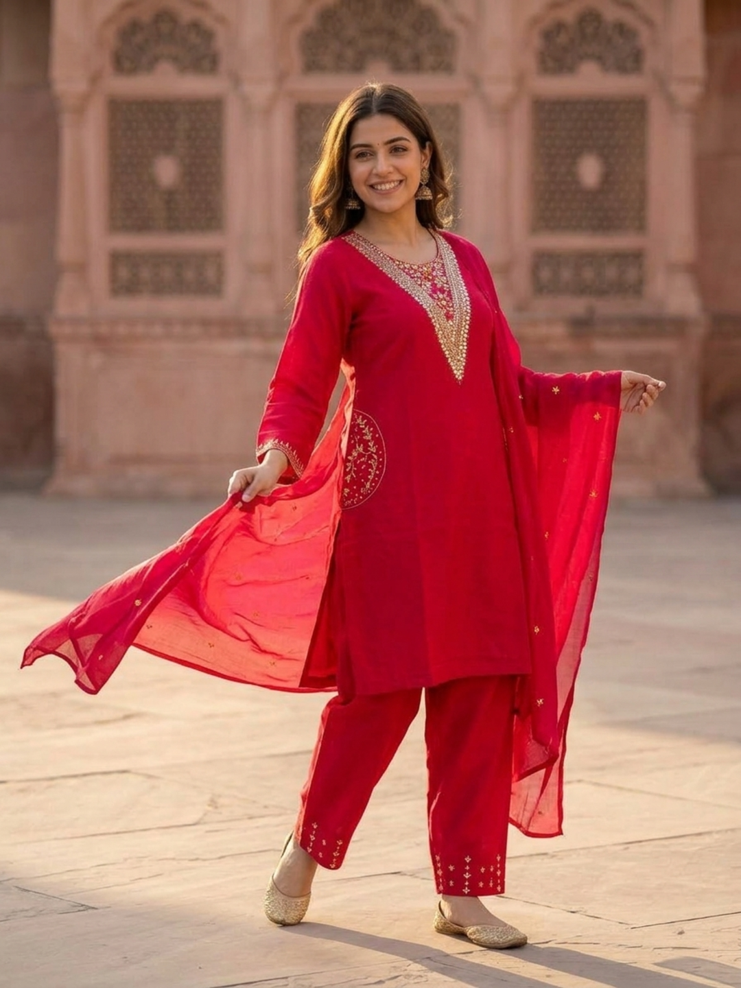 Rani Pink Solid Floral Hand-Embroidered Crepe Straight Kurta Set with Palazzo and Organza Dupatta