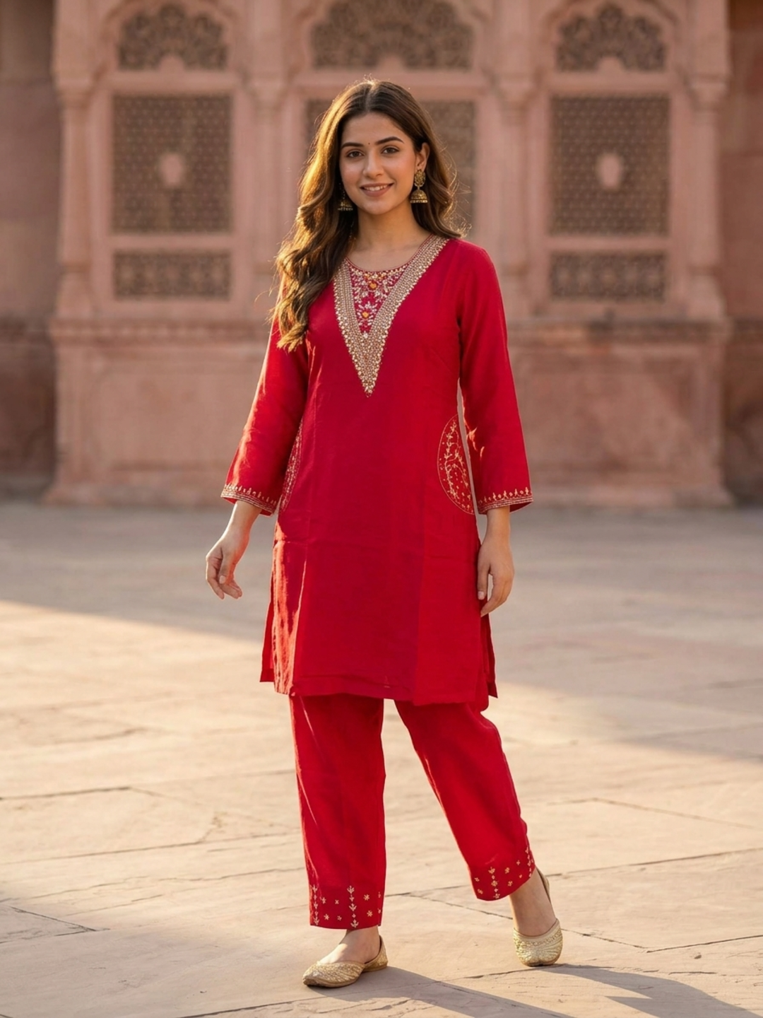 Rani Pink Solid Floral Hand-Embroidered Crepe Straight Kurta Set with Palazzo and Organza Dupatta