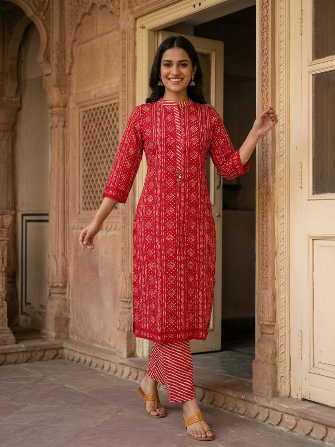 Bandhani Printed Straight Kurta with Pant & Dupatta - Red