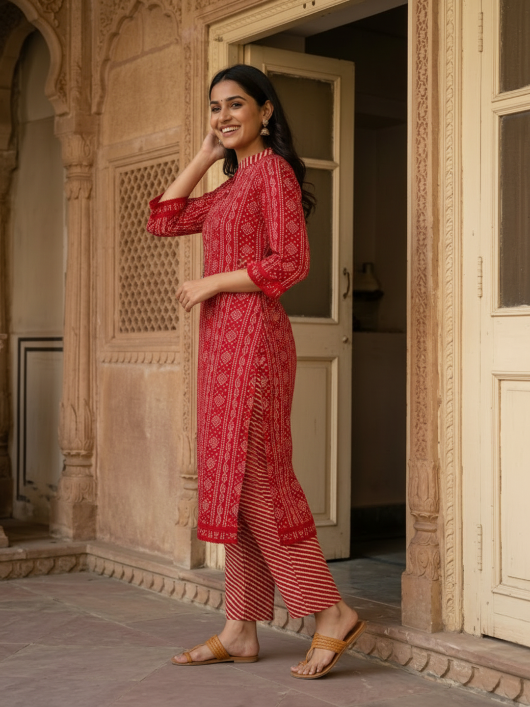 Bandhani Printed Straight Kurta with Pant & Dupatta - Red