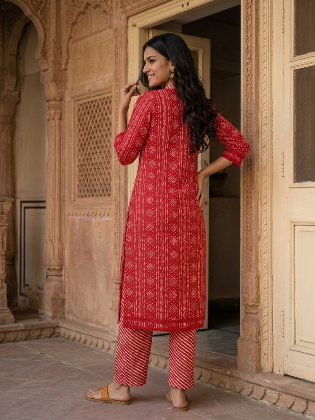 Bandhani Printed Straight Kurta with Pant & Dupatta - Red